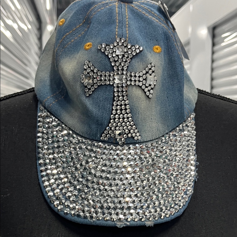 Rhinestone Cross Denim Cap Bling out adjustable - Picture 3 of 10